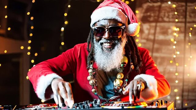 Old black man in Santa costume DJing