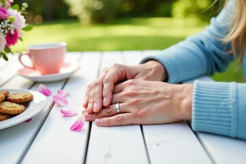 Obraz premium Heartwarming Moment of Connection: Hands Holding Over Tea and Cookies on a White Picnic Table in a Lush Garden Setting.