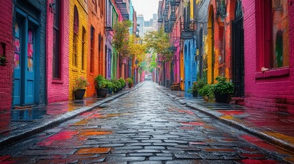 Fototapeta premium Rainbow-hued alley, cobblestone street, wet, vibrant.