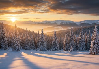 Winter wonderland, snow-covered pine forest, golden sunset, mountain landscape, misty