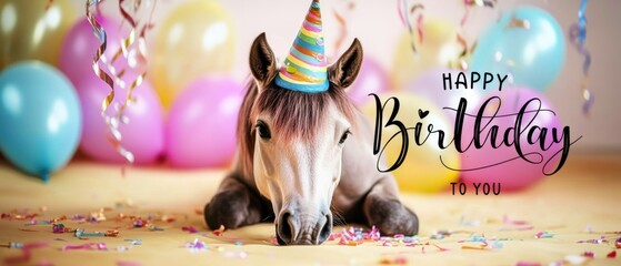Adorable Pony Celebrates Birthday with Balloons and Confetti