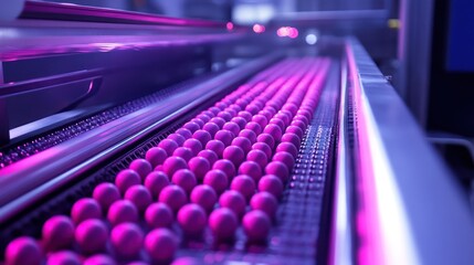 A quality control conveyor belt with balls being separated by quality, bright lighting