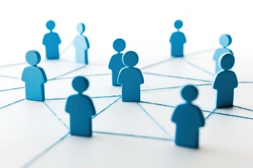 A Creative Conceptual Illustration of Connectivity and Networking Represented by Blue Wooden Figures Connected by Threads on a Clean Background