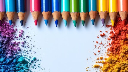 Vibrant colored pencils creating a colorful design with powder pigments.