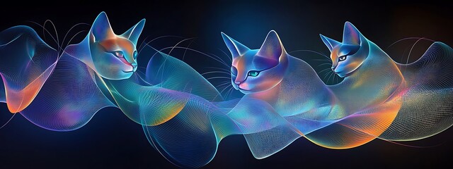Naklejka premium Three ethereal cats float on colorful, wavy streams.