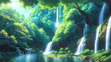 Fototapeta premium Illustration of an anime landscape background capturing a majestic waterfall cascading into a sparkling pool, surrounded by vibrant flora..