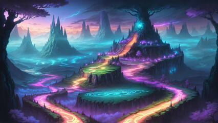 Obraz premium Illustration of an anime landscape background filled with fantasy adventure vibes, featuring glowing paths winding through mystical terrain..