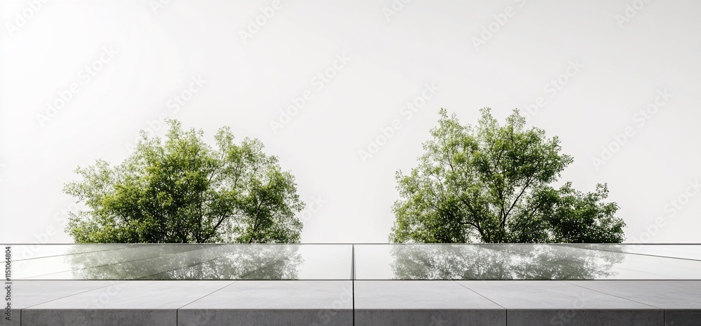 Poster minimalist view featuring two trees against a light background with a glass railing.