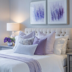 Serene Lavender Bedroom Decor Luxurious Bed Pillows and Art