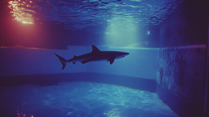 Obraz premium Underwater Shark Silhouette Oceanarium Aquarium Marine Life Blue Water