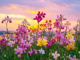 Fototapeta premium Field of flowers at sunset