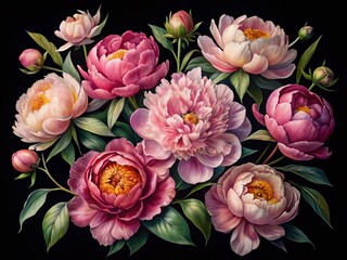 Fototapeta premium Aerial Watercolor Peonies Black Background, Stunning Floral Photography, Artistic Aerial View