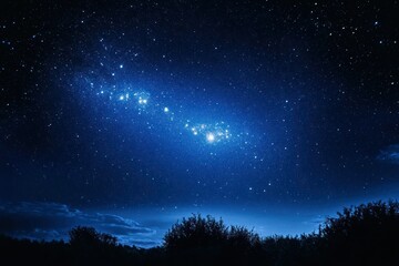 Vast Night Sky with Starry Galaxy, Twinkling Stars, and Lush Silhouette of Trees, Creating a Serene and Mystical Atmosphere Under Nighttime Skies