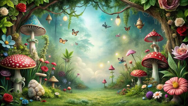 Enchanting Alice in Wonderland background with whimsical elements , fantasy, magical, fairytale, surreal, mysterious