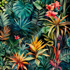 Lush Tropical Watercolor Botanical Print Exotic Jungle Leaves Flowers Plants