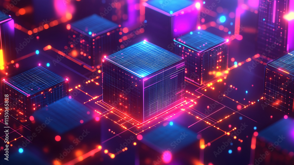Poster isometric view of blockchain technology, big data, and cryptocurrency mining