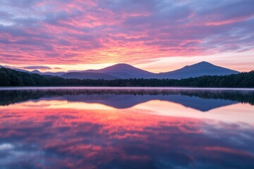 Fototapeta premium Serene Sunset Over Calm Lake With Vibrant Colors Reflecting Mountains and Clouds in the Background, Offering a Peaceful and Tranquil Natural Landscape Scene