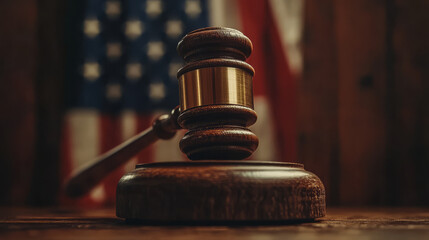 close up of judge gavel resting on wooden surface, symbolizing justice and authority, with American flag in background