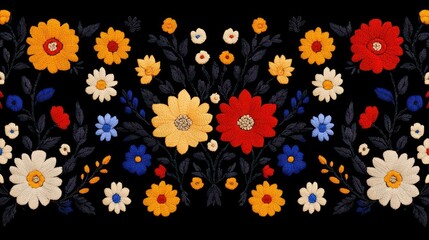 Vibrant Floral Embroidery: Seamless Decorative Textile Pattern