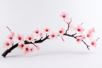 Delicate Pink Cherry Blossom Branch Against White Background, Symbolizing Spring, Renewal, and Nature's Beauty in Full Bloom for Elegant Decor and Design