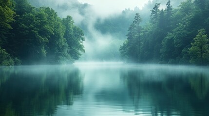 Fototapeta premium Misty lake reflecting foggy green forest.