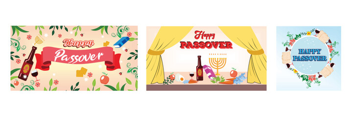 Naklejka premium PrintJewish holiday horizontal invitation. Traditional Items and Symbolism. Floral Passover Greeting Design with Matzah and Wine. Set flat vector modern illustration