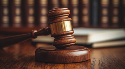 close up of wooden gavel resting on judge desk, symbolizing justice and authority in courtroom setting. background features law books, enhancing legal atmosphere