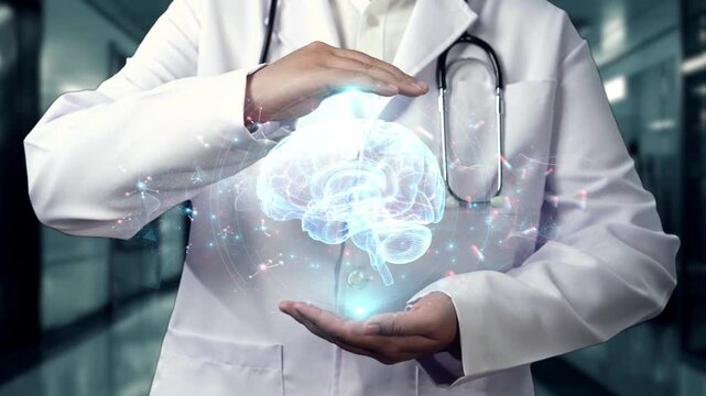 Close up of smart doctor holding brain anatomy hologram floating at lab with blurring background. Professional medical worker checking and preparing for brain surgery. Technology innovation. Remedial.