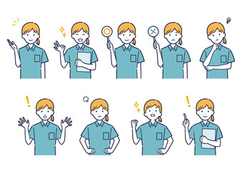 ポロシャツを着た女性の表情バリエーションセット＿イラスト