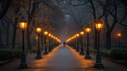 A serene, foggy pathway lined with glowing street lamps, creating a tranquil atmosphere.