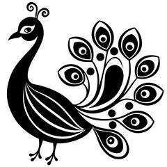 Elegant Peacock Line Art: Black and White Design with Decorative Floral Elements