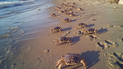 Obraz premium Close up of crabs walking along sandy beach, creating lively scene. sun reflects on water, enhancing natural beauty of coastal environment