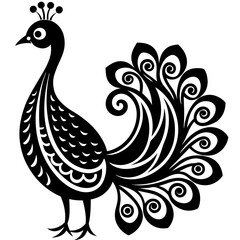 Elegant Peacock Line Art: Black and White Design with Decorative Floral Elements