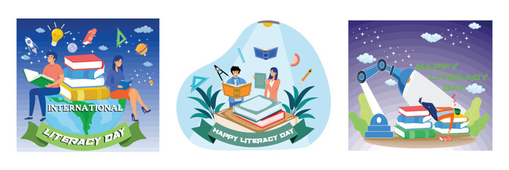 Happy Literacy Day.   Happy student day reading books. Books and robot lights. Set flat vector modern illustration
