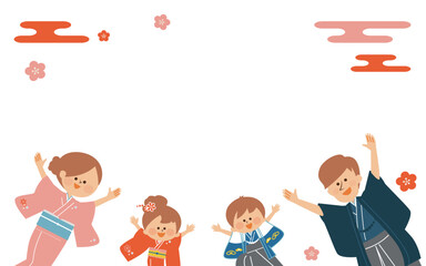 正月　七五三　日本の着物を着た家族のイラスト