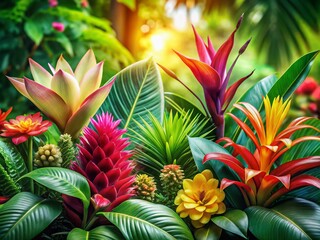 Obraz premium AI Photo: Tropical Plants Bokeh Effect - Palm Leaves, Monstera, Succulents