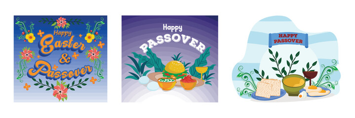 Festive Happy Easter and Passover. Decorative Seder Plates and festive food. Arrangement with Matzah, Simple Plate Wine Cup. Set flat vector modern illustration