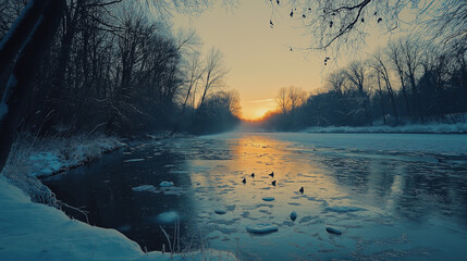 Winter landscape panorama; sunset on the bank of a frozen river; ice and snow winter night