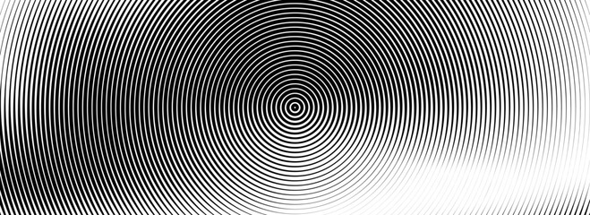 Black concentric circle background. Radial geometric pattern wallpaper. Linear epicenter, radar or target concept. Round rippled ring backdrop for brochure, banner, poster, overlay. Vector texture