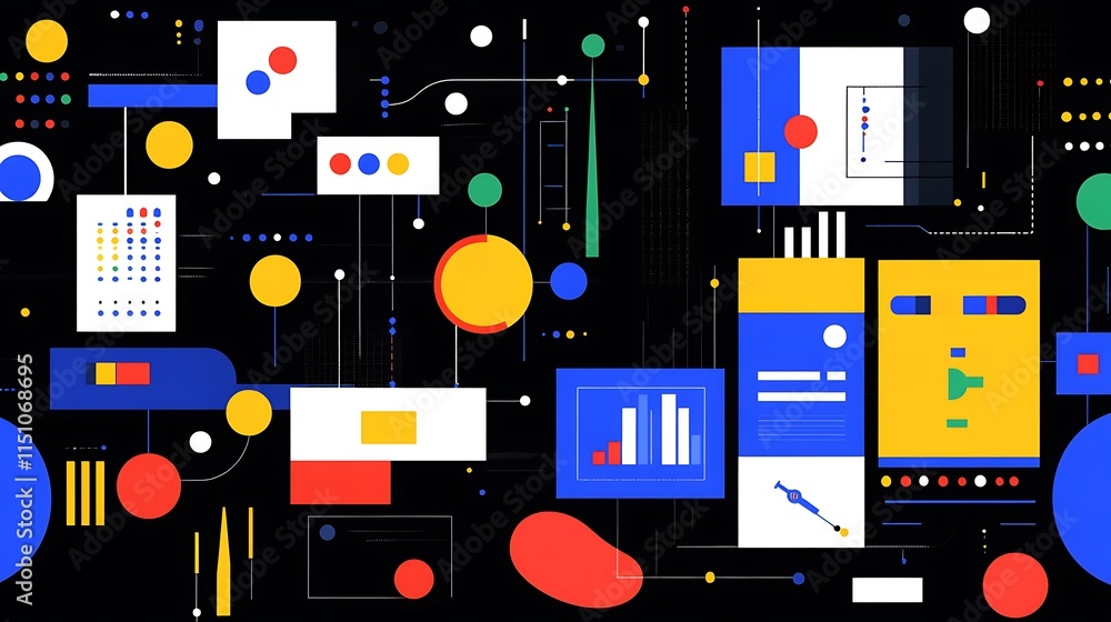 Poster Abstract colorful geometric shapes, lines, and data visualizations on a dark background.