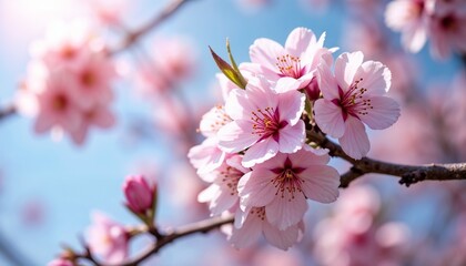 Obraz premium Close-up of a delicate pink sakura twig in full bloom