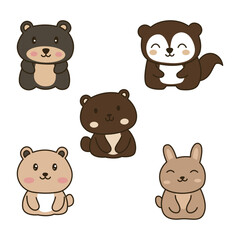 Set of Cheerful Cute Bear Squirrel Rabbit Animal Mascot Cartoon Character