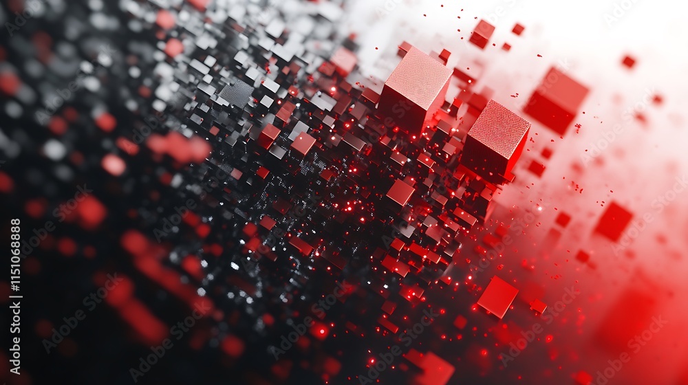 Poster Abstract red and black cubes exploding, 3D digital art.