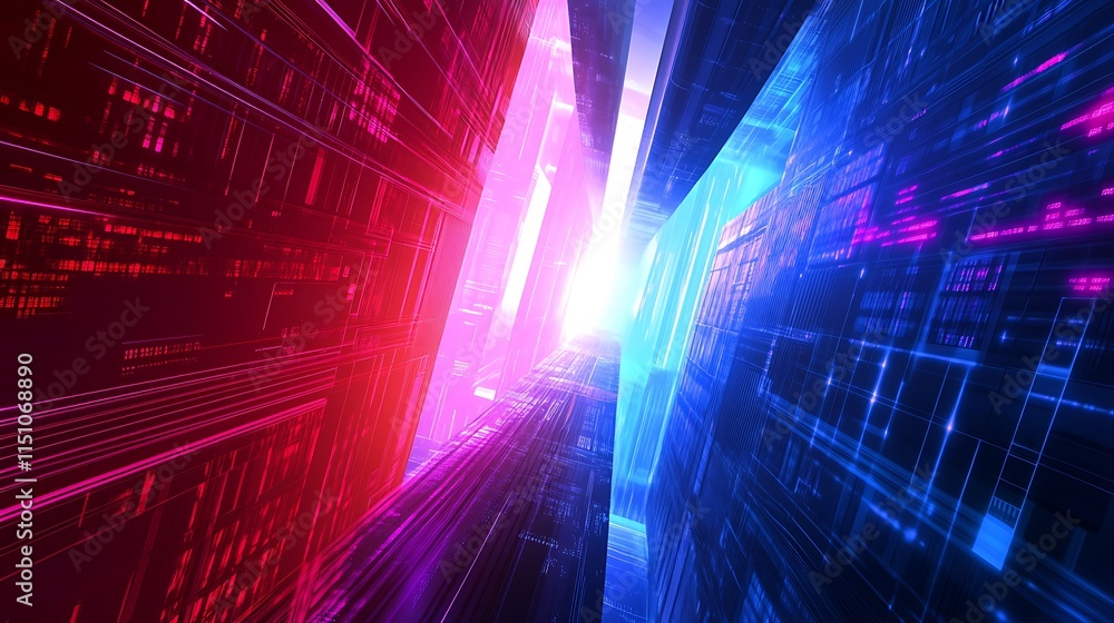 Poster abstract digital tunnel with red and blue glowing lines.