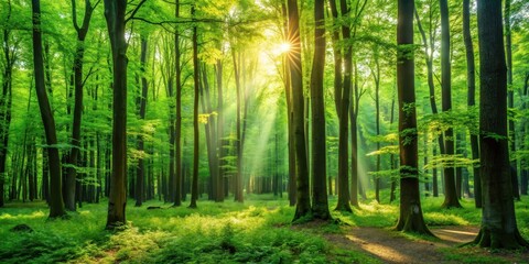 Fototapeta premium Lush green forest in Poland with tall trees, dense foliage, and sunlight filtering through the branches , Polish, forest