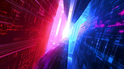 Fototapeta premium Abstract digital tunnel with red and blue glowing lines.