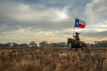 Woman Wearing Cowboy Hat Riding Running Horse While Holding Large Texas Flag In Grassy Field With Cloudy Sky At Sunset