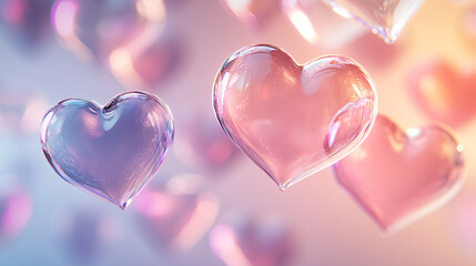 Fototapeta premium Floating translucent hearts in soft pastel gradients abstract art serene atmosphere whimsical concept