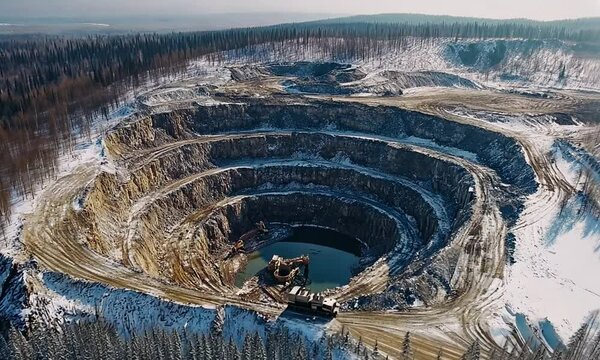Aerial of mining pit with trucks and water in center.