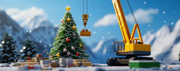 A festive construction scene features a crane lifting gifts near a decorated Christmas tree amidst snowy mountains.